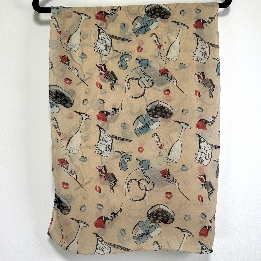 Printed Viscose Long Scarf Wrap Lipstick Roses Heart Motif